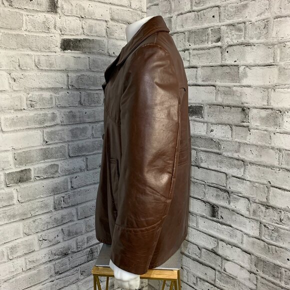 Vintage 70s Chocolate Brown Disco Leather Jacket Retro Mod Trench Coat - Picture 4 of 13